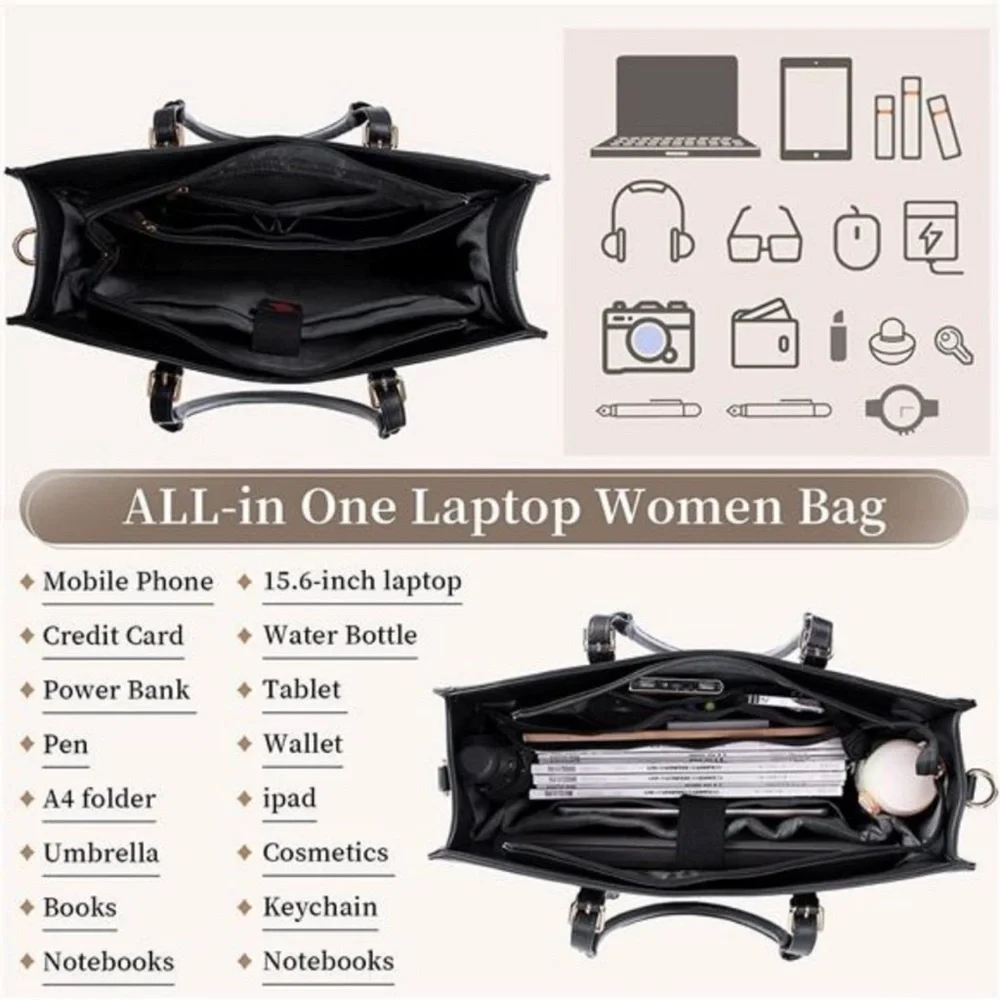 Laptop Bag for Women 15.6 inch Waterproof Laptop Tote Work Bag Leather Bag Black